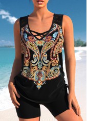 Paisley Print Lace Stitching Black Tankini Set