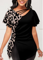 Black tops,Leopard tops,ROTITA Side Slit Leopard Black T Shirt
