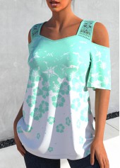 Cyan tops,Floral tops,ROTITA Lace Stitching Floral Print Cyan Ombre T Shirt