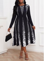 White dresses,Geometric dresses,Long Sleeve Polka Dot White Contrast Dress