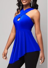 Royal Blue tops,Plain Color tops,ROTITA Royal Blue Cross Strap Asymmetric Hem Tank Top