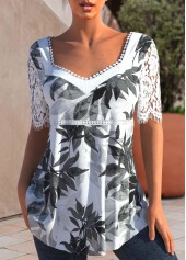 ROTITA Leaf Print White Lace Stitching Blouse