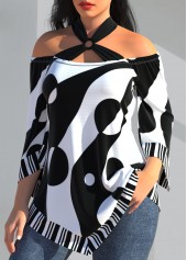 White tops,Geometric tops,ROTITA Polka Dot Striped White Cross Strap T Shirt