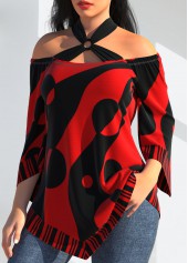 Red tops,Geometric tops,ROTITA Polka Dot Striped Red Cross Strap T Shirt