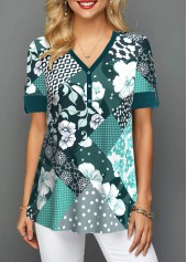 ROTITA Blackish Green V Neck Short Sleeve Blouse