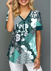 Blackish Green tops,Floral tops,ROTITA Blackish Green V Neck Short Sleeve Blouse