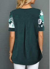 Blackish Green tops,Floral tops,ROTITA Blackish Green V Neck Short Sleeve Blouse