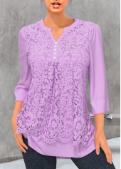 ROTITA Split Neck Light Purple Lace Stitching Blouse