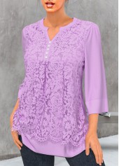 Light Purple tops,Plain Color tops,ROTITA Split Neck Light Purple Lace Stitching Blouse
