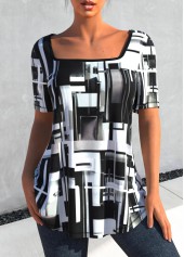 ROTITA Square Collar Black Geometric Print T Shirt