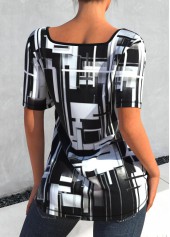 Black tops,Geometric tops,ROTITA Square Collar Black Geometric Print T Shirt