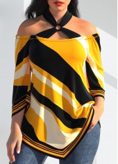 ROTITA Striped Asymmetric Hem Yellow T Shirt