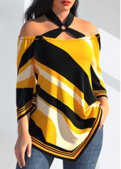 Yellow tops,Geometric tops,ROTITA Striped Asymmetric Hem Yellow T Shirt