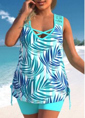 Cyan swimwear,Plants swimwear,ROTITA Tropical Print Lace Stitching Cyan Tankini Set