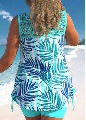 Cyan swimwear,Plants swimwear,ROTITA Tropical Print Lace Stitching Cyan Tankini Set