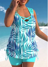 Cyan swimwear,Plants swimwear,ROTITA Tropical Print Lace Stitching Cyan Tankini Set