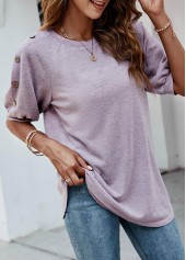 Purple tops,Plain Color tops,Decorative Button Purple Half Sleeve T Shirt