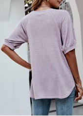 Purple tops,Plain Color tops,Decorative Button Purple Half Sleeve T Shirt