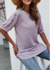 Purple tops,Plain Color tops,Decorative Button Purple Half Sleeve T Shirt