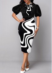 Black dresses,Geometric dresses,ROTITA Bowknot Black Short Sleeve Sheath Dress