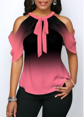 Pink tops,Ombre tops,ROTITA Pink Tie Front Halter Cold Shoulder Blouse