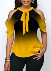 Yellow tops,Ombre tops,ROTITA Yellow Tie Front Halter Cold Shoulder Blouse