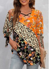 ROTITA Cold Shoulder Cross Strap Leopard T Shirt