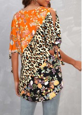 Multi Color tops,Floral tops,ROTITA Cold Shoulder Cross Strap Leopard T Shirt