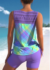 Light Purple swimwear,Plaid swimwear,ROTITA Lace Patchwork Ombre Light Purple Plaid Tankini Set