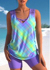 Rotita-Spitzen-Patchwork-Ombre-Tankini-Set mit helllila Karomuster