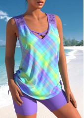 Light Purple swimwear,Plaid swimwear,ROTITA Lace Patchwork Ombre Light Purple Plaid Tankini Set