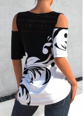 Black tops,Contrast Color tops,ROTITA Black Curly Grass Print Lace Stitching T Shirt