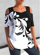 Black tops,Contrast Color tops,ROTITA Black Curly Grass Print Lace Stitching T Shirt