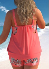 Coral plus size,Plants plus size,ROTITA Leaf Print Plus Size Coral Red Blouson Tankini Set