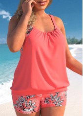Coral plus size,Plants plus size,ROTITA Leaf Print Plus Size Coral Red Blouson Tankini Set