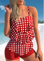 Red swimwear,Dot swimwear,ROTITA Polka Dot Layered Hem Red Tankini Set