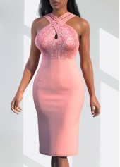 Pink dresses,Plain Color dresses,ROTITA Cross Front Sleeveless Sequin Sheath Dress