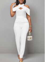 White jumpsuits&rompers,Plain Color jumpsuits&rompers,ROTITA Cold Shoulder Short Sleeve White Jumpsuit