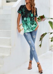 Green tops,Floral tops,ROTITA Green Floral Print Short Sleeve T Shirt