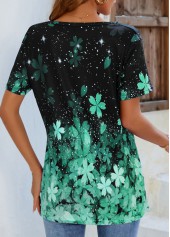 Green tops,Floral tops,ROTITA Green Floral Print Short Sleeve T Shirt