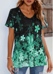 Green tops,Floral tops,ROTITA Green Floral Print Short Sleeve T Shirt
