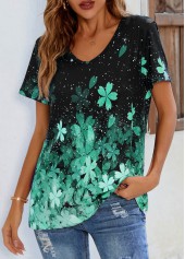 Green tops,Floral tops,ROTITA Green Floral Print Short Sleeve T Shirt