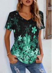Green tops,Floral tops,ROTITA Green Floral Print Short Sleeve T Shirt