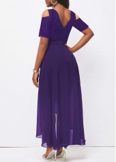 Purple jumpsuits & rompers,Plain Color jumpsuits & rompers,ROTITA Cold Shoulder Purple Round Neck Belted Jumpsuit