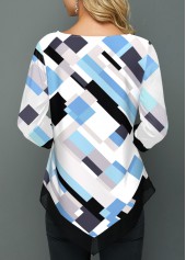 White tops,Geometric tops,ROTITA Asymmetric Hem Geometric Print White Blouse