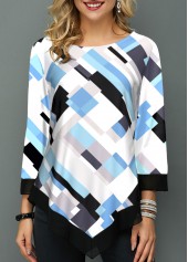 White tops,Geometric tops,ROTITA Asymmetric Hem Geometric Print White Blouse