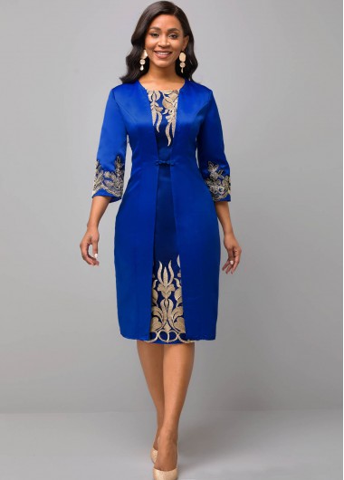 Blue dresses,Contrast Color dresses,ROTITA Lace Patchwork Round Neck Long Sleeve Dress