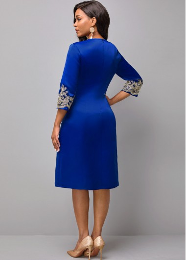 Blue dresses,Contrast Color dresses,ROTITA Lace Patchwork Round Neck Long Sleeve Dress