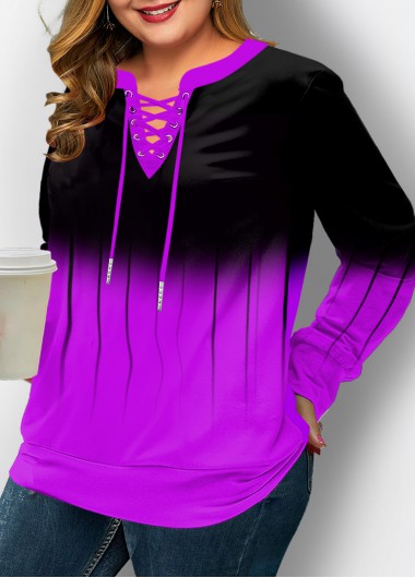 Purple plus size,Ombre plus size,ROTITA Plus Size Lace Up Ombre Long Sleeve Sweatshirt
