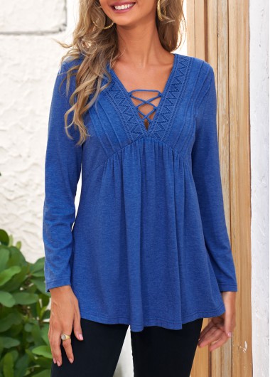 Royal Blue tops,Plain Color tops,ROTITA Long Sleeve Royal Blue Lace Stitching T Shirt